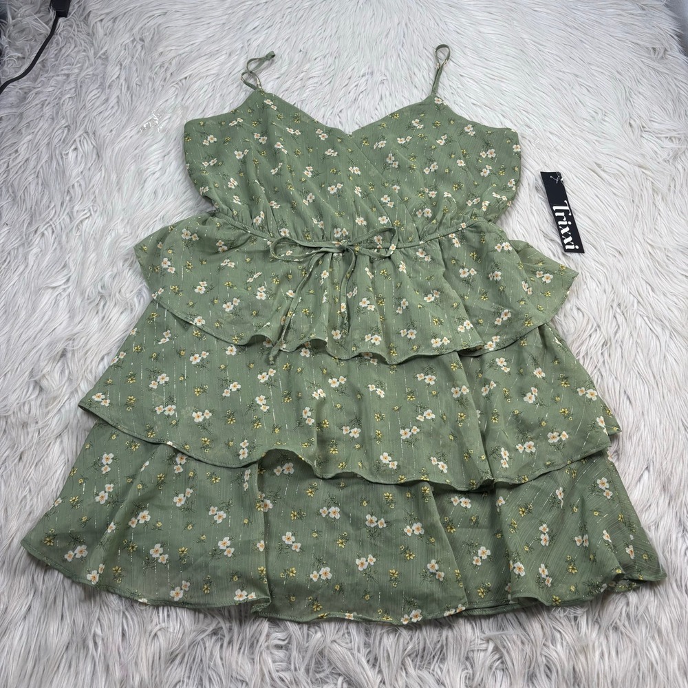 NWT Trixxi Junior's L Green Floral Tiered Ruffle Mini Dress Fairy Empire Boho